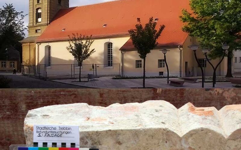Stadtkirche Trebbin, Ansicht von Südosten und Befund eines zweitverwendeten Backsteins