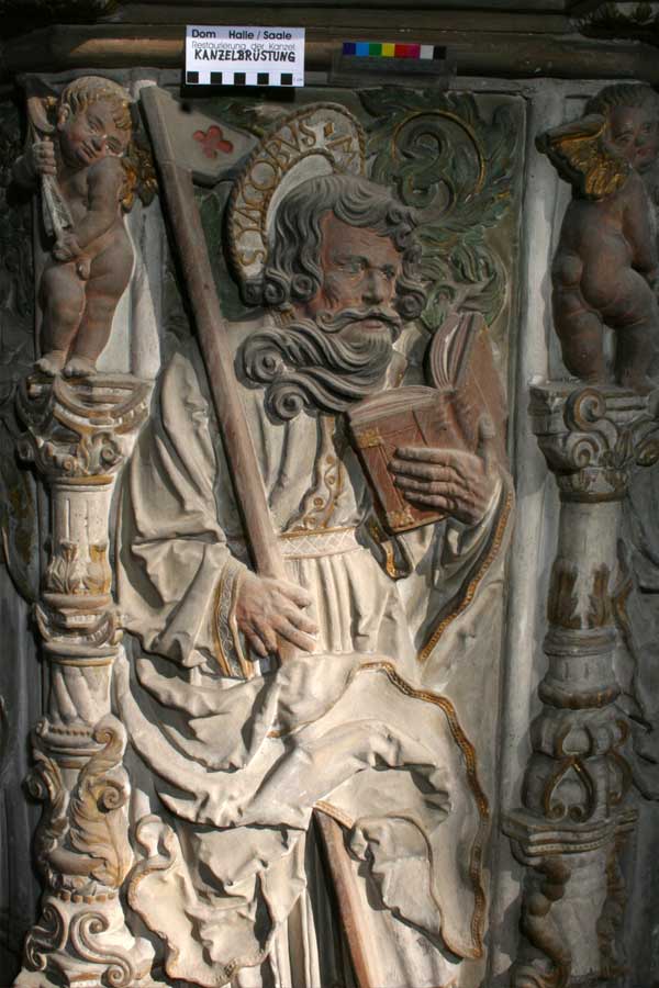 Restaurierung der Renaissancekanzel - Figurenschmuck Vorzustand - Dom Halle (Saale)